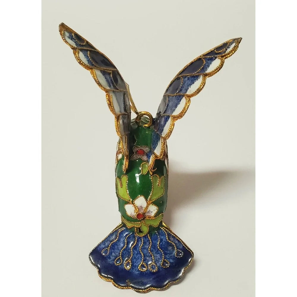 Enameled Cloisonne Christmas Ornament Hummingbird Gold Edge Feathers Multicolor - Picture 3 of 13